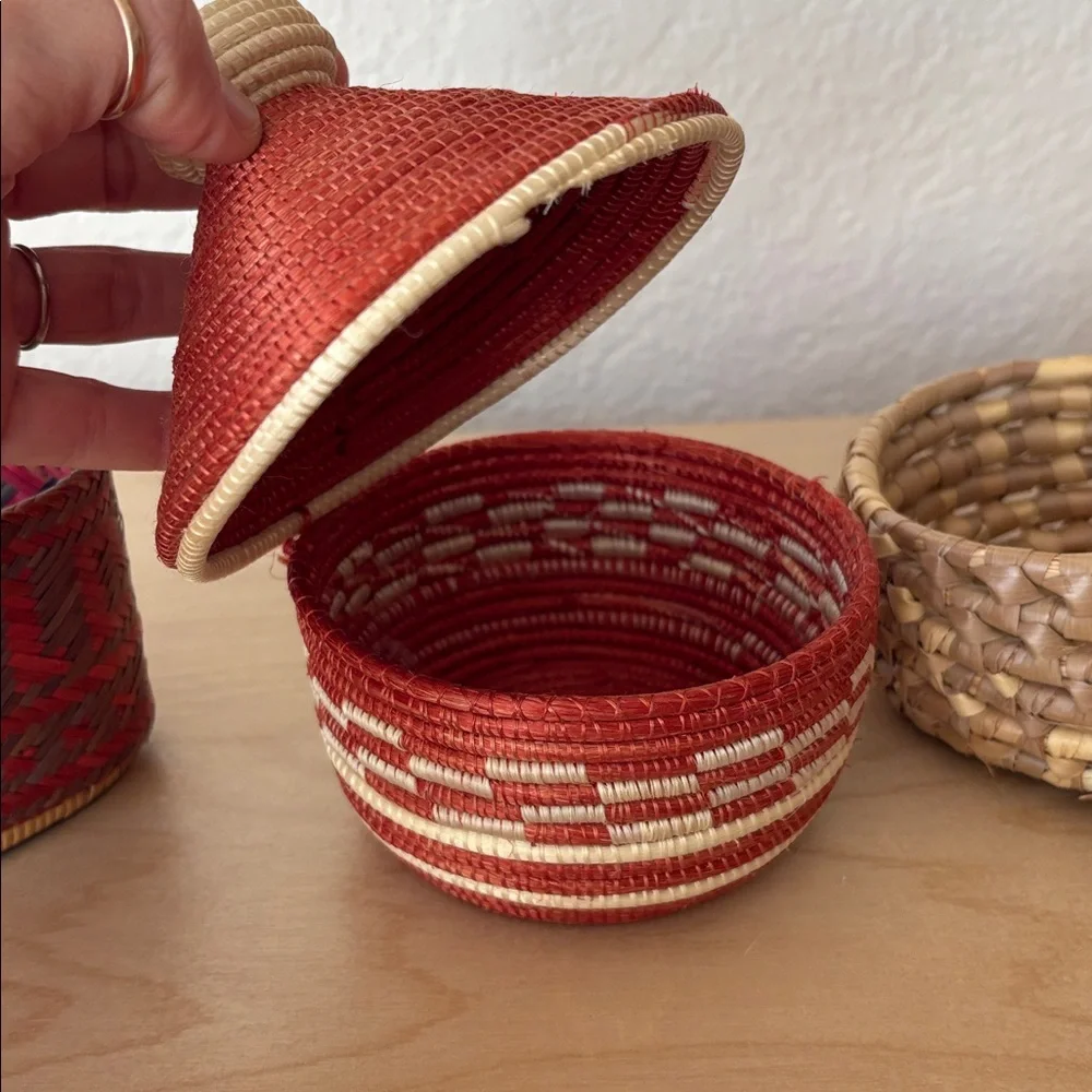 Vintage Handwoven African Mini Basket with Lid Set